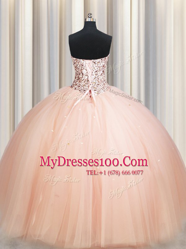 Floor Length Lace Up Quinceanera Gowns Peach for Military Ball and Sweet 16 and Quinceanera with Beading