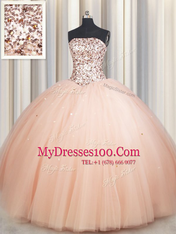 Floor Length Lace Up Quinceanera Gowns Peach for Military Ball and Sweet 16 and Quinceanera with Beading