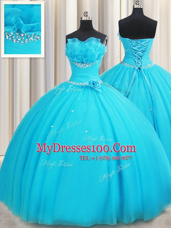 Flirting Tulle Sleeveless Floor Length Ball Gown Prom Dress and Beading and Ruffles and Hand Made Flower