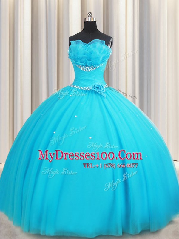 Flirting Tulle Sleeveless Floor Length Ball Gown Prom Dress and Beading and Ruffles and Hand Made Flower