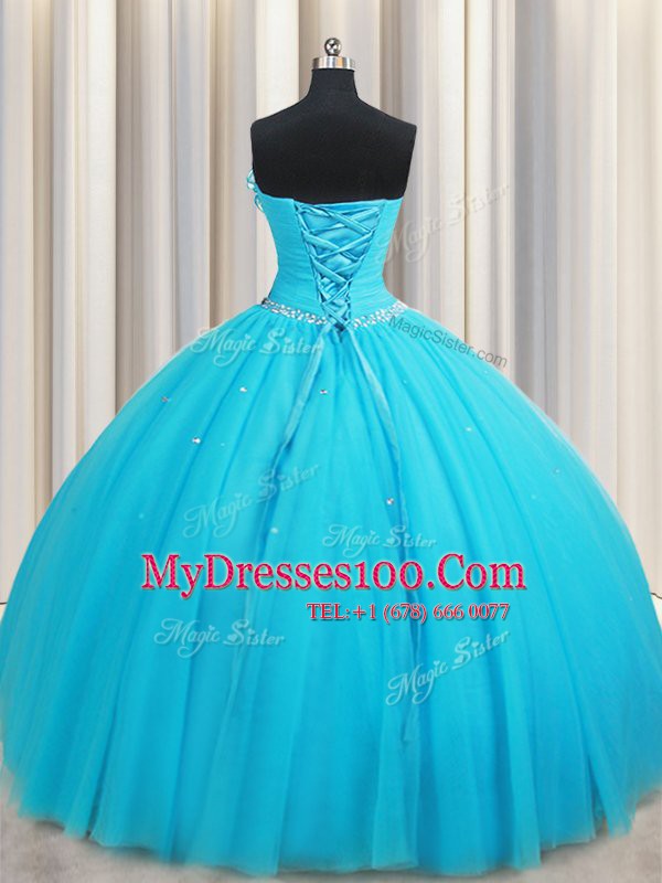 Flirting Tulle Sleeveless Floor Length Ball Gown Prom Dress and Beading and Ruffles and Hand Made Flower