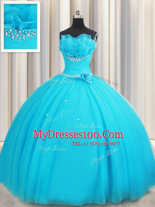 Flirting Tulle Sleeveless Floor Length Ball Gown Prom Dress and Beading and Ruffles and Hand Made Flower