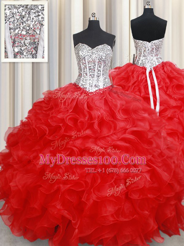 Spectacular Floor Length Red Sweet 16 Dress Organza Sleeveless Beading and Ruffles