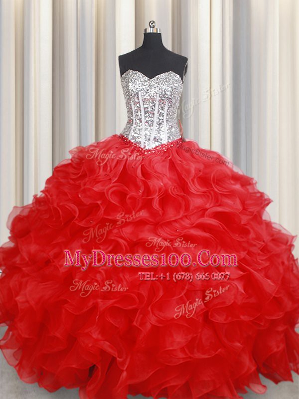 Spectacular Floor Length Red Sweet 16 Dress Organza Sleeveless Beading and Ruffles