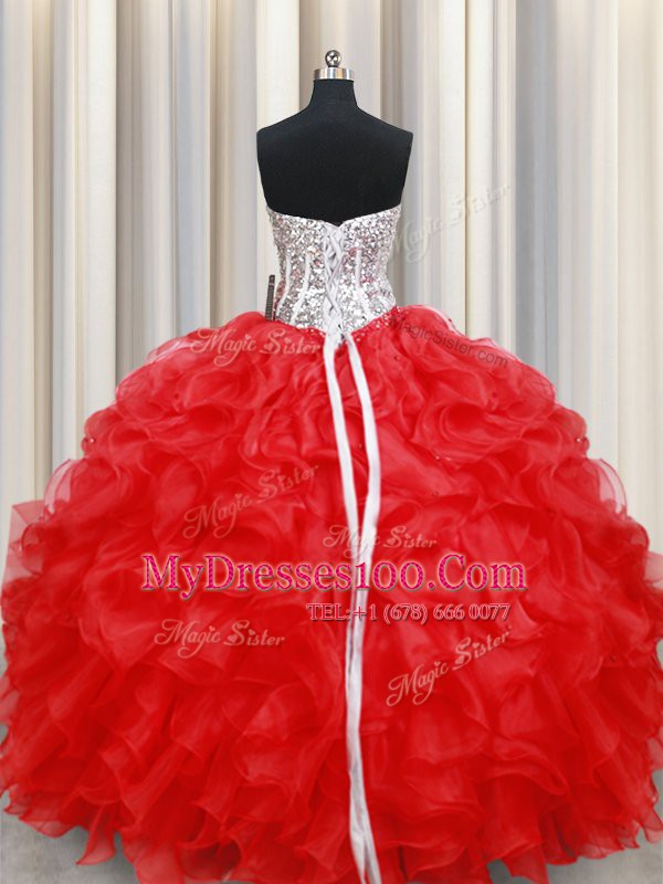Spectacular Floor Length Red Sweet 16 Dress Organza Sleeveless Beading and Ruffles