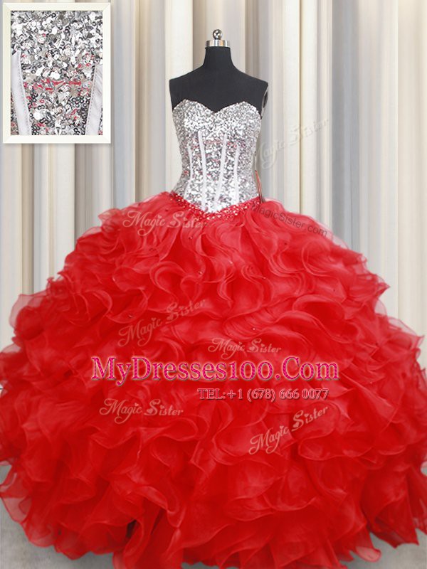 Spectacular Floor Length Red Sweet 16 Dress Organza Sleeveless Beading and Ruffles