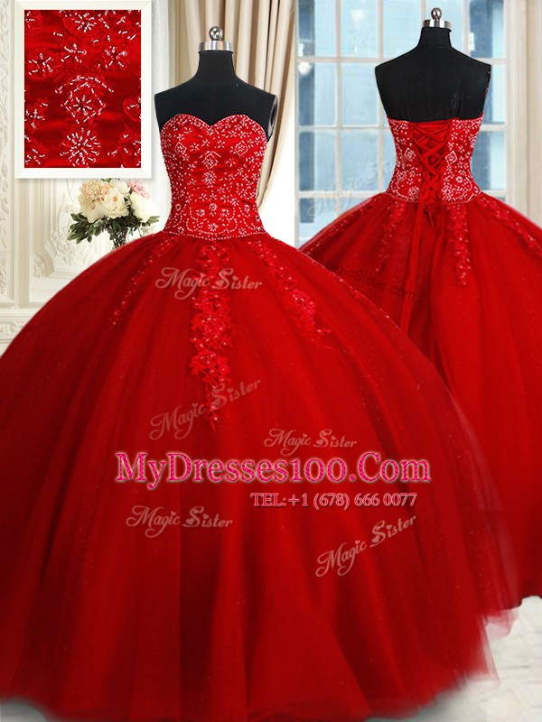 Fashionable Sweetheart Sleeveless Vestidos de Quinceanera Floor Length Beading and Appliques Red Tulle