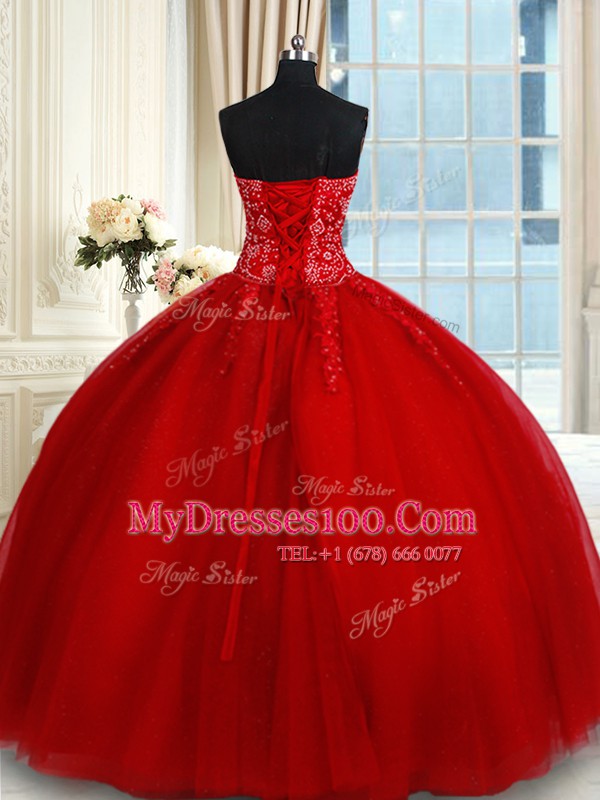 Fashionable Sweetheart Sleeveless Vestidos de Quinceanera Floor Length Beading and Appliques Red Tulle
