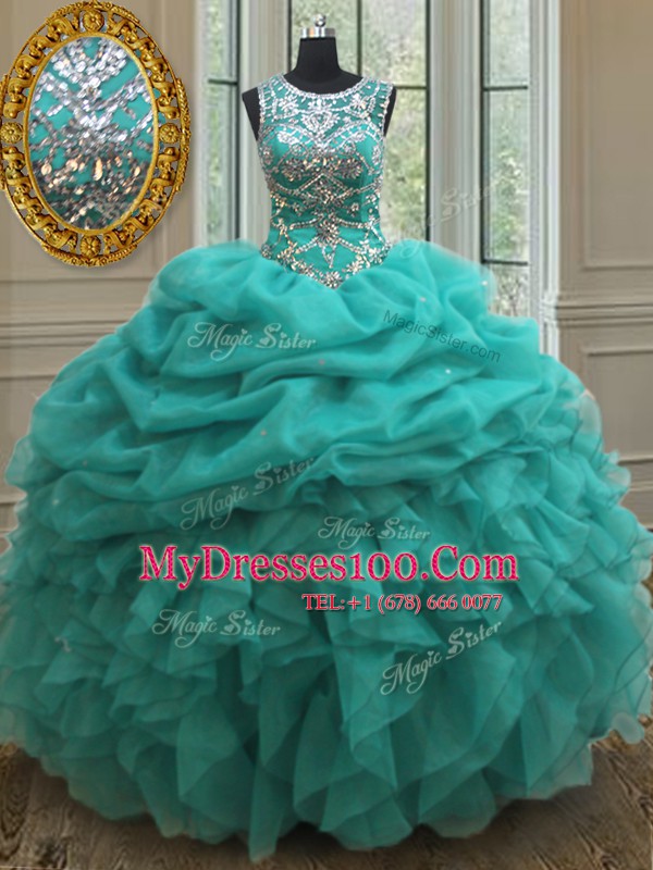 Dazzling Scoop See Through Turquoise Sleeveless Beading and Ruffles and Pick Ups Floor Length Sweet 16 Dresses