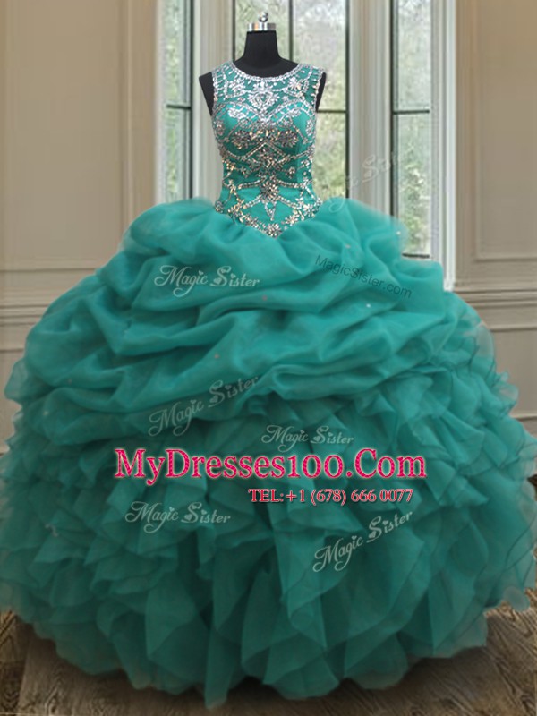 Dazzling Scoop See Through Turquoise Sleeveless Beading and Ruffles and Pick Ups Floor Length Sweet 16 Dresses