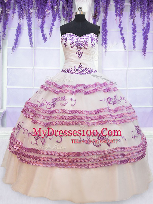 Sumptuous Organza Sweetheart Sleeveless Lace Up Appliques and Embroidery and Ruffled Layers Quinceanera Gown in White