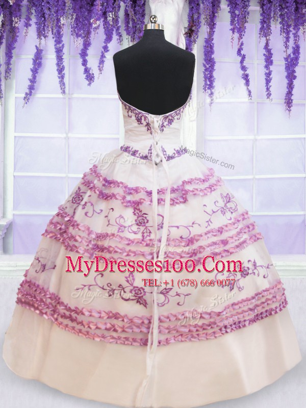 Sumptuous Organza Sweetheart Sleeveless Lace Up Appliques and Embroidery and Ruffled Layers Quinceanera Gown in White