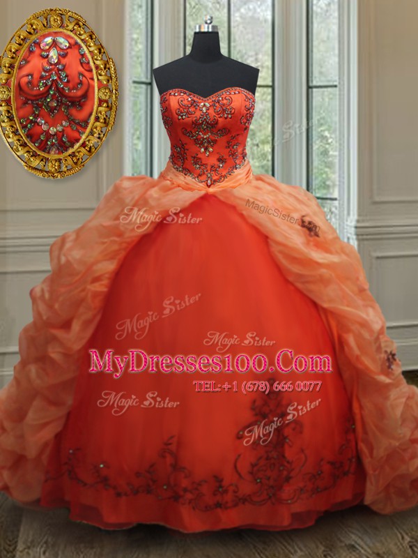 Perfect Pick Ups Brush Train Ball Gowns Sweet 16 Dress Orange Red Sweetheart Organza Sleeveless With Train Lace Up