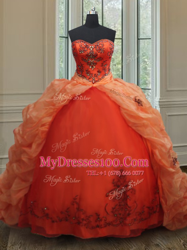 Perfect Pick Ups Brush Train Ball Gowns Sweet 16 Dress Orange Red Sweetheart Organza Sleeveless With Train Lace Up