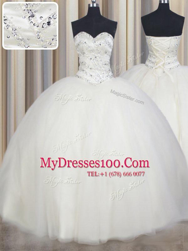 Affordable White Lace Up Sweetheart Beading Quinceanera Dress Tulle Sleeveless