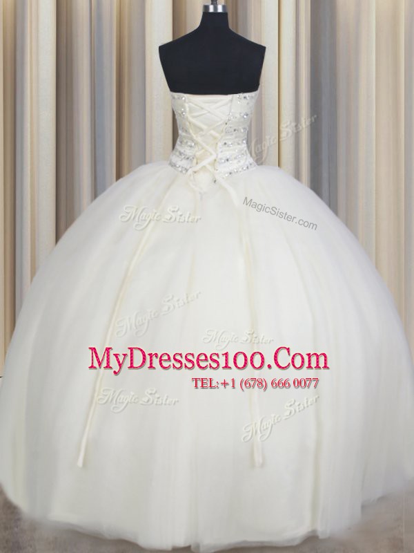 Affordable White Lace Up Sweetheart Beading Quinceanera Dress Tulle Sleeveless
