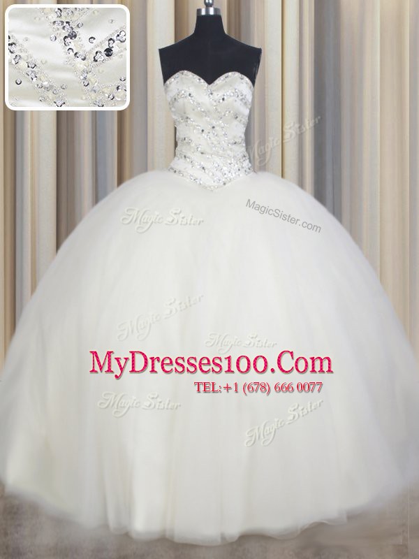 Affordable White Lace Up Sweetheart Beading Quinceanera Dress Tulle Sleeveless