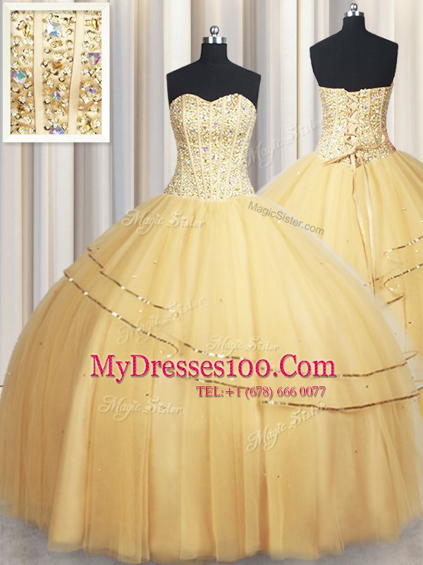 Tulle Sweetheart Sleeveless Lace Up Beading and Sequins Vestidos de Quinceanera in Gold