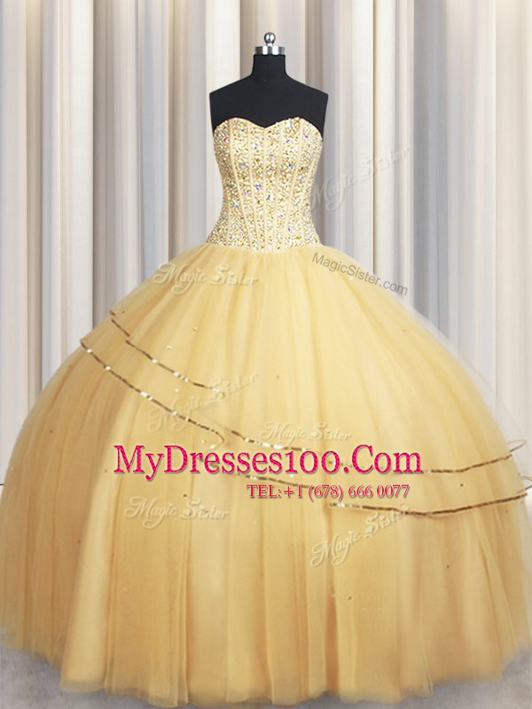 Tulle Sweetheart Sleeveless Lace Up Beading and Sequins Vestidos de Quinceanera in Gold