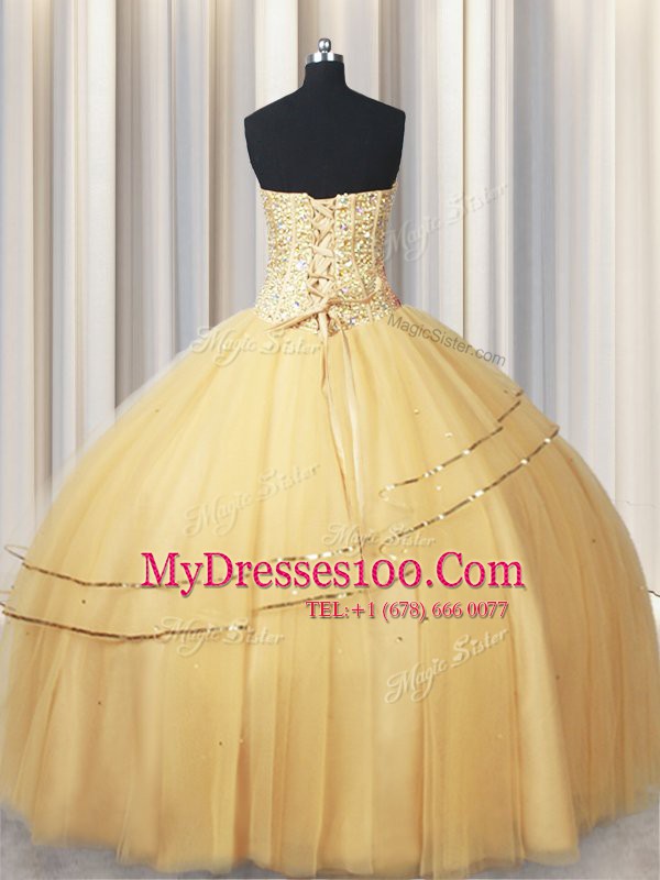 Tulle Sweetheart Sleeveless Lace Up Beading and Sequins Vestidos de Quinceanera in Gold
