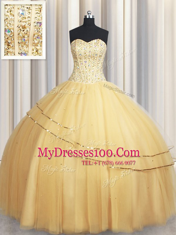 Tulle Sweetheart Sleeveless Lace Up Beading and Sequins Vestidos de Quinceanera in Gold