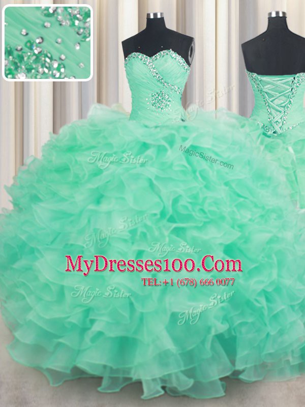 Superior Sleeveless Floor Length Beading and Ruffles Lace Up 15th Birthday Dress with Turquoise