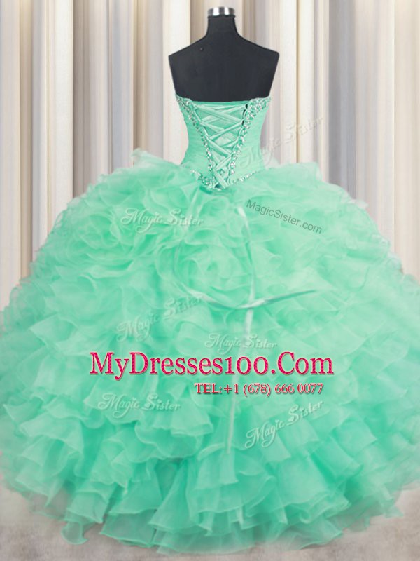 Superior Sleeveless Floor Length Beading and Ruffles Lace Up 15th Birthday Dress with Turquoise