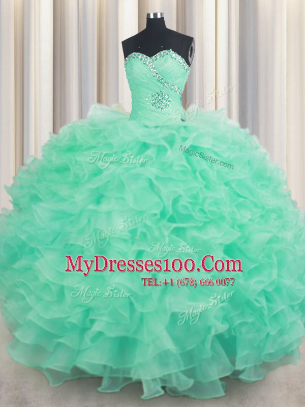 Superior Sleeveless Floor Length Beading and Ruffles Lace Up 15th Birthday Dress with Turquoise