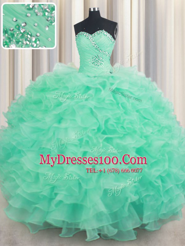 Superior Sleeveless Floor Length Beading and Ruffles Lace Up 15th Birthday Dress with Turquoise