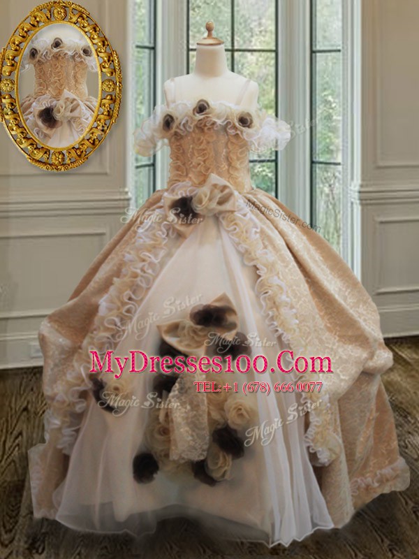 Off the Shoulder Champagne Sleeveless Floor Length Lace and Ruffles and Hand Made Flower Zipper Quinceanera Dress