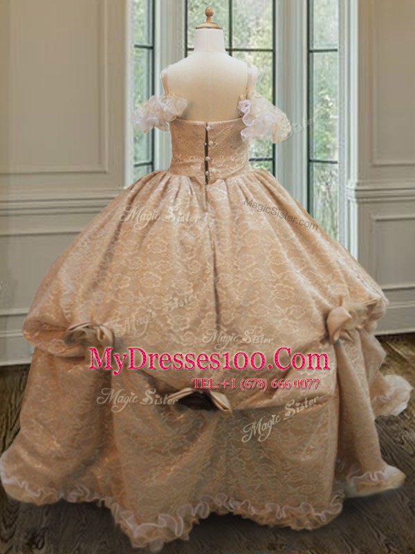 Off the Shoulder Champagne Sleeveless Floor Length Lace and Ruffles and Hand Made Flower Zipper Quinceanera Dress