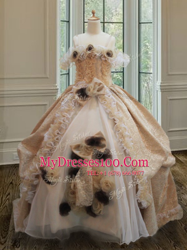 Off the Shoulder Champagne Sleeveless Floor Length Lace and Ruffles and Hand Made Flower Zipper Quinceanera Dress