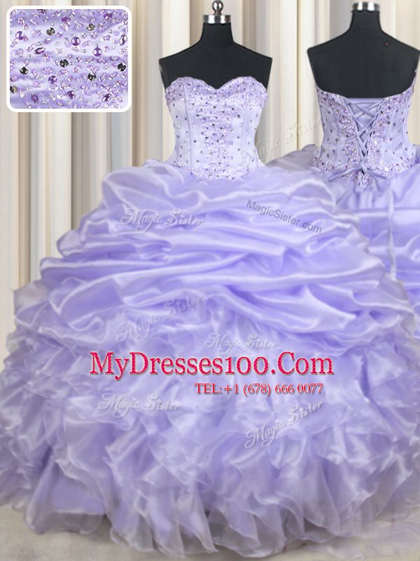 Romantic Floor Length Lavender Sweet 16 Dress Organza Sleeveless Beading and Ruffles and Pick Ups