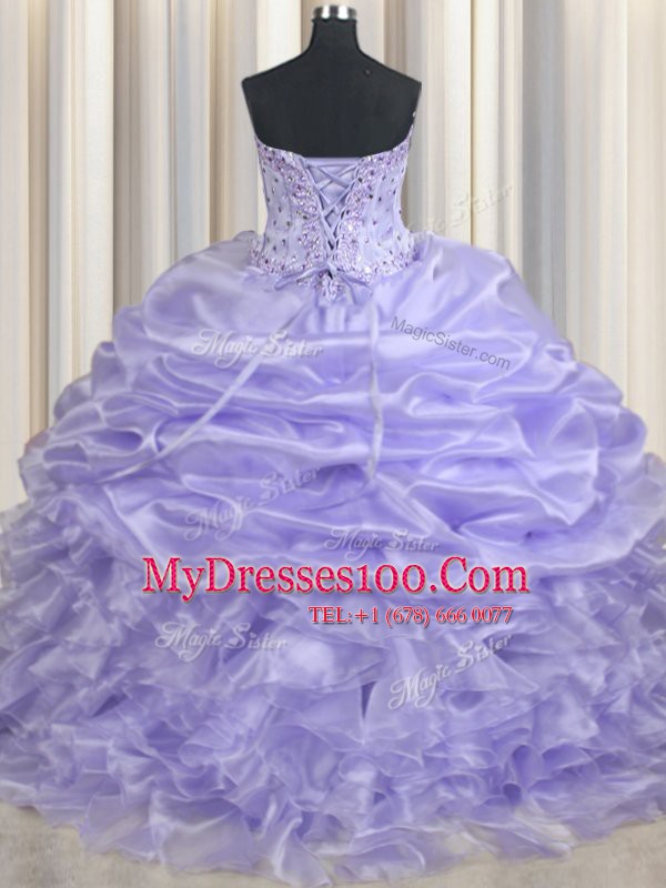 Romantic Floor Length Lavender Sweet 16 Dress Organza Sleeveless Beading and Ruffles and Pick Ups