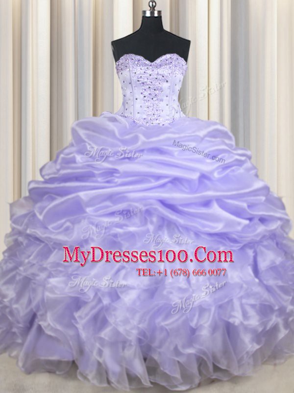 Romantic Floor Length Lavender Sweet 16 Dress Organza Sleeveless Beading and Ruffles and Pick Ups