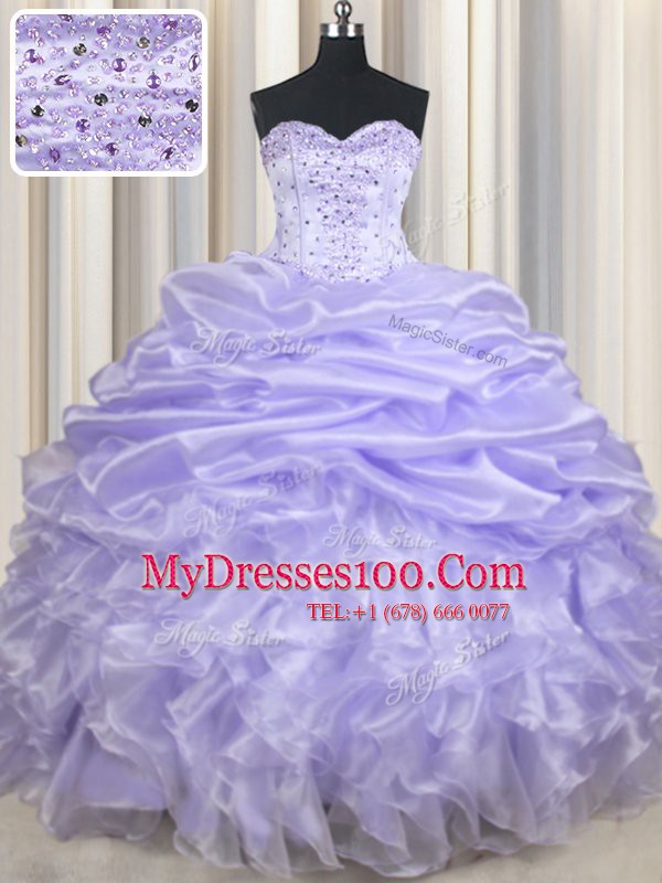 Romantic Floor Length Lavender Sweet 16 Dress Organza Sleeveless Beading and Ruffles and Pick Ups