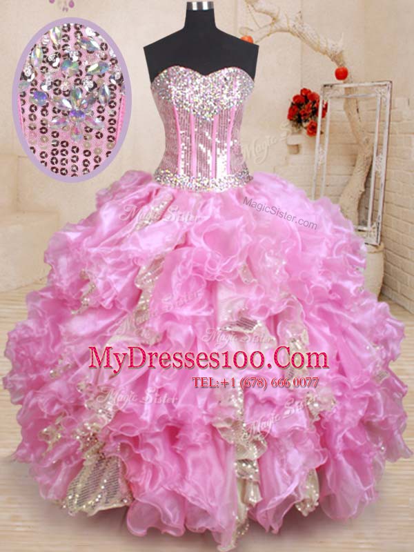 Dramatic Sweetheart Sleeveless Organza Sweet 16 Dresses Beading and Ruffles and Sequins Lace Up