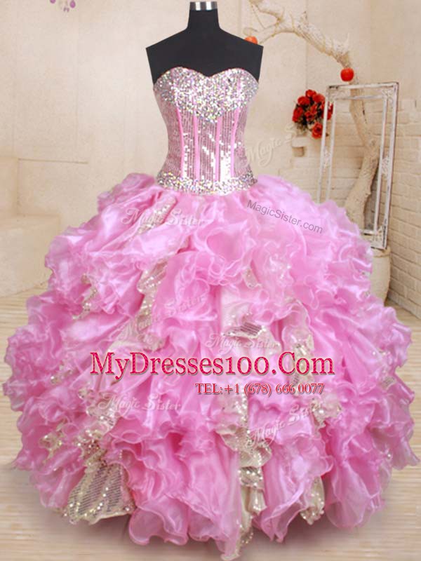 Dramatic Sweetheart Sleeveless Organza Sweet 16 Dresses Beading and Ruffles and Sequins Lace Up