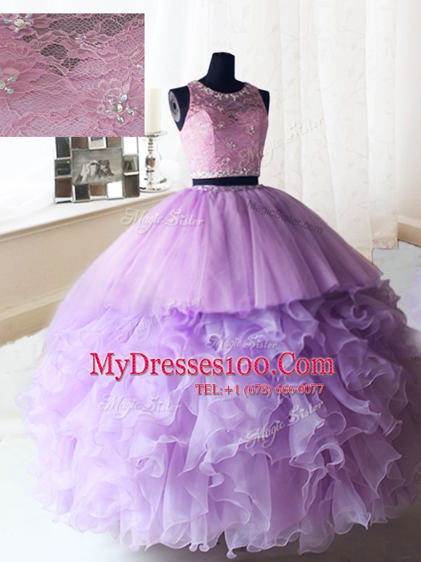 Comfortable Scoop Lilac Two Pieces Beading and Ruffles Sweet 16 Dress Zipper Organza and Tulle Sleeveless Floor Length
