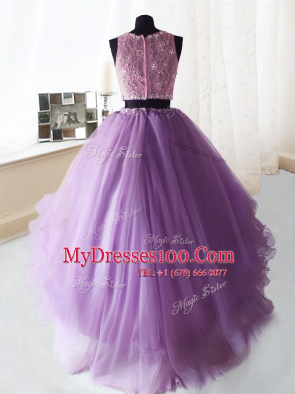 Comfortable Scoop Lilac Two Pieces Beading and Ruffles Sweet 16 Dress Zipper Organza and Tulle Sleeveless Floor Length