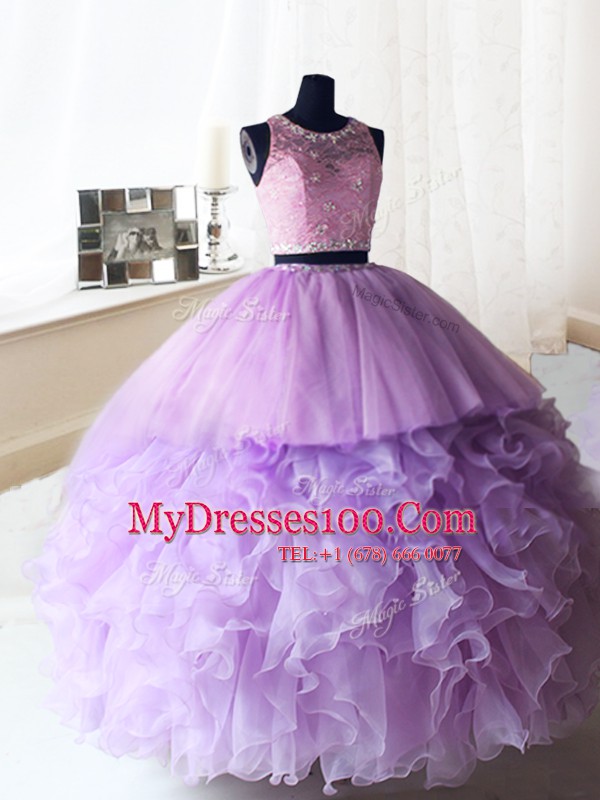 Comfortable Scoop Lilac Two Pieces Beading and Ruffles Sweet 16 Dress Zipper Organza and Tulle Sleeveless Floor Length