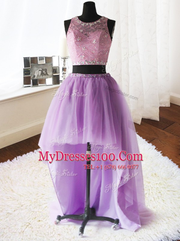Comfortable Scoop Lilac Two Pieces Beading and Ruffles Sweet 16 Dress Zipper Organza and Tulle Sleeveless Floor Length