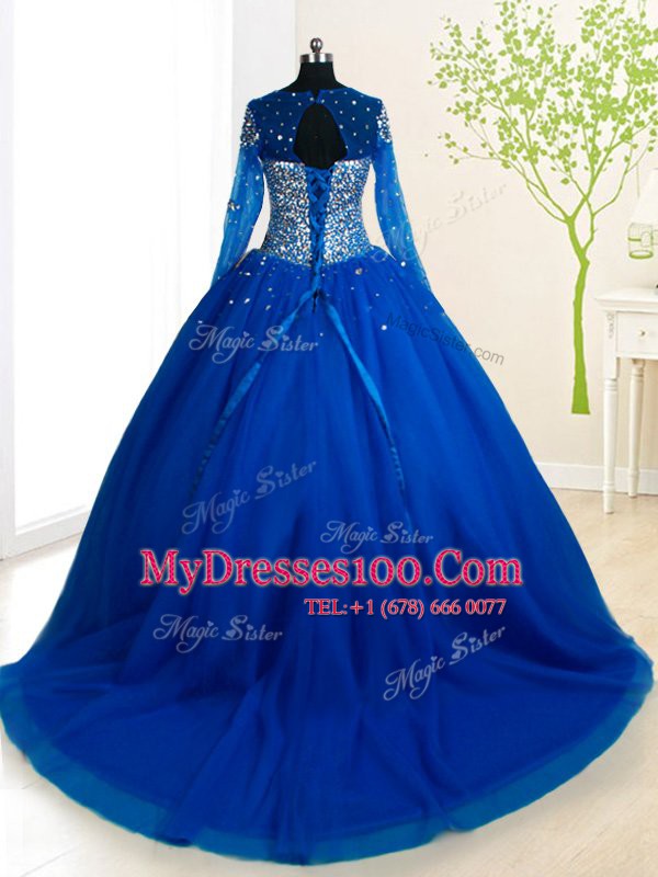 Cheap Scoop Long Sleeves 15th Birthday Dress With Brush Train Beading Royal Blue Tulle