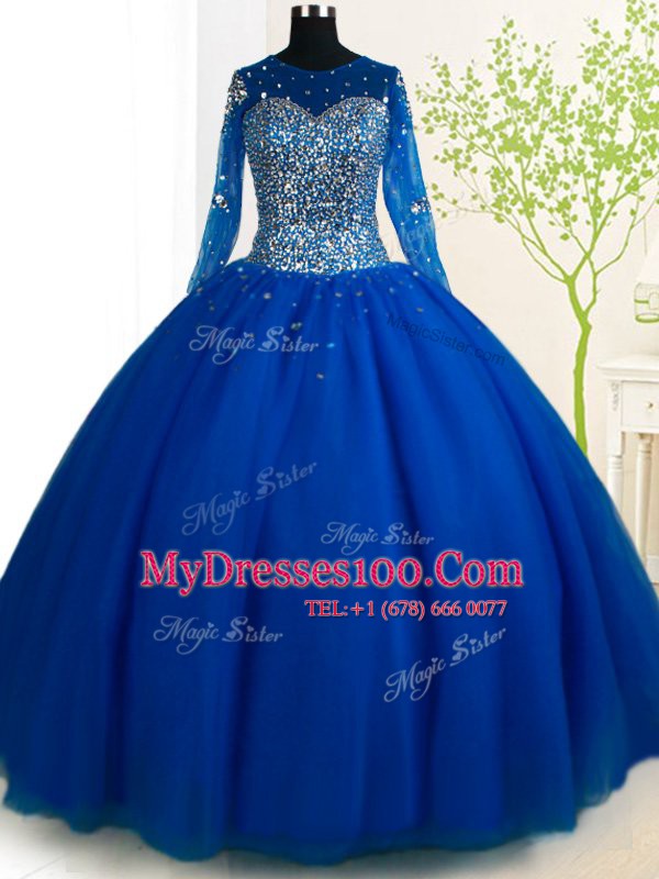 Cheap Scoop Long Sleeves 15th Birthday Dress With Brush Train Beading Royal Blue Tulle