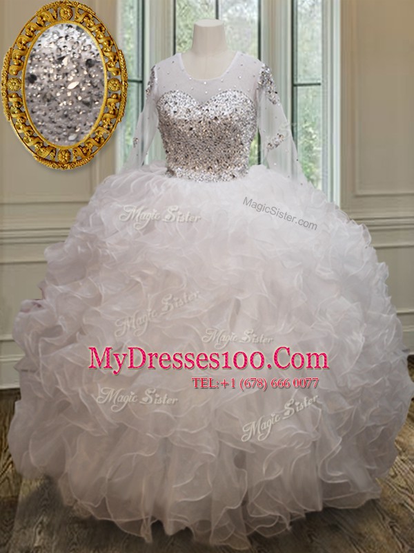 Romantic See Through White Scoop Lace Up Beading and Ruffles Vestidos de Quinceanera Long Sleeves