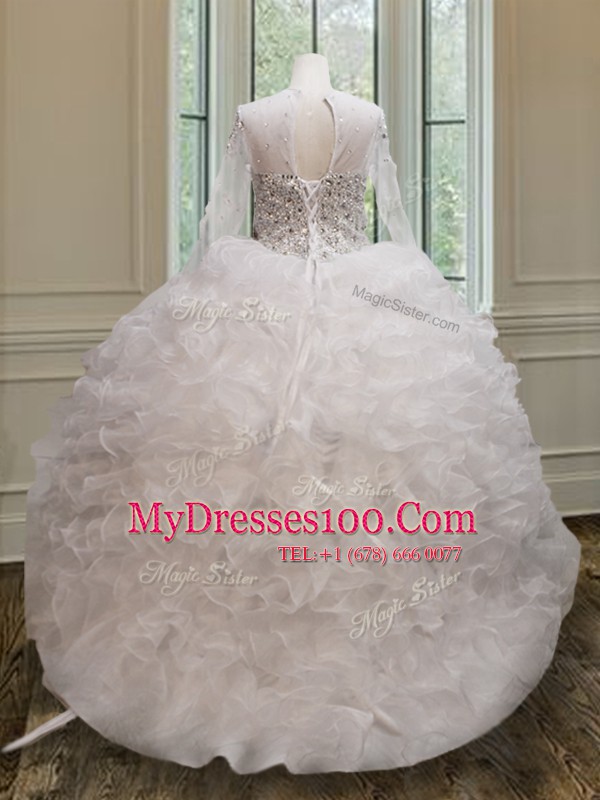 Romantic See Through White Scoop Lace Up Beading and Ruffles Vestidos de Quinceanera Long Sleeves