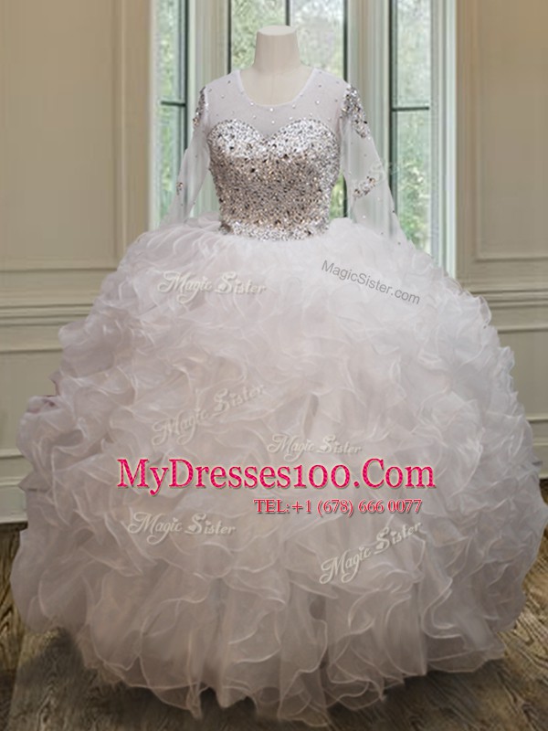 Romantic See Through White Scoop Lace Up Beading and Ruffles Vestidos de Quinceanera Long Sleeves