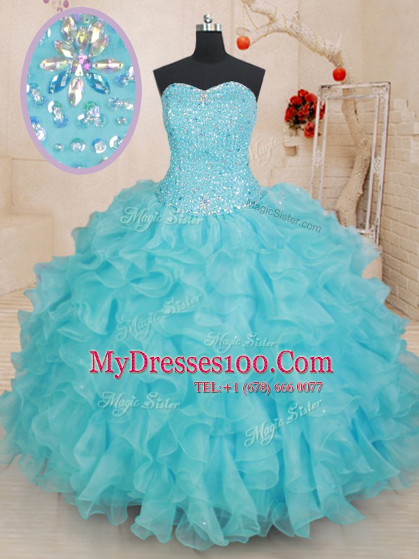 Sexy Sleeveless Floor Length Beading and Ruffles Lace Up Quinceanera Gowns with Aqua Blue