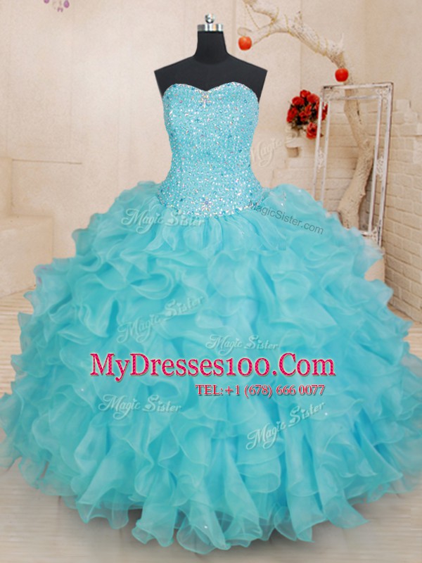 Sexy Sleeveless Floor Length Beading and Ruffles Lace Up Quinceanera Gowns with Aqua Blue
