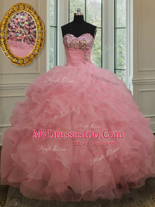 Gorgeous Baby Pink Sleeveless Beading and Ruffles and Sequins Sweet 16 Dress